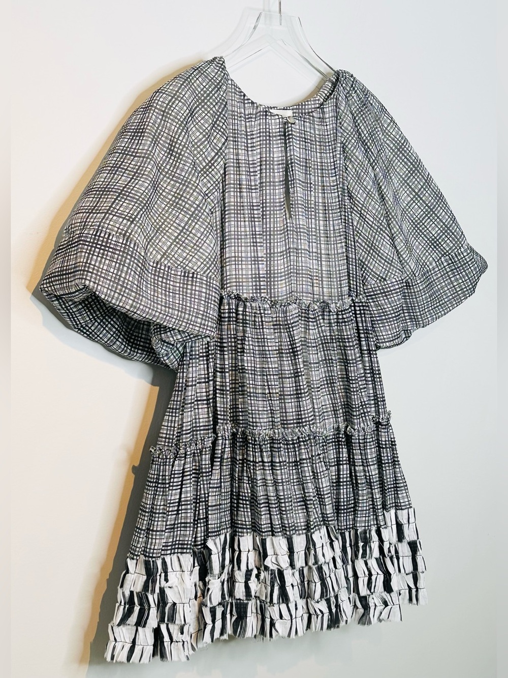 Aje Memento Black White Plaid Print Cotton Tiered Mini Dress - Picture 7 of 16
